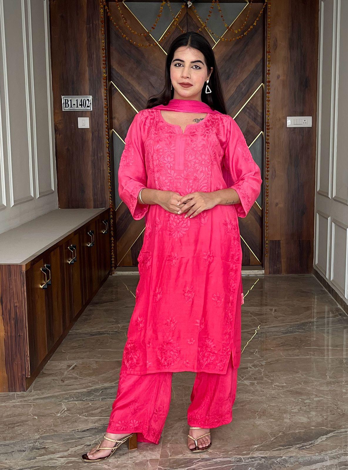 Rani Pink Legacy – Handcrafted Muslin Co-ord Set with Chikankari Elegance