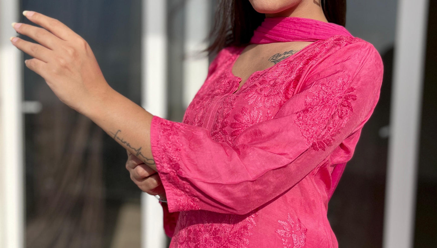 Rani Pink Legacy – Handcrafted Muslin Co-ord Set with Chikankari Elegance