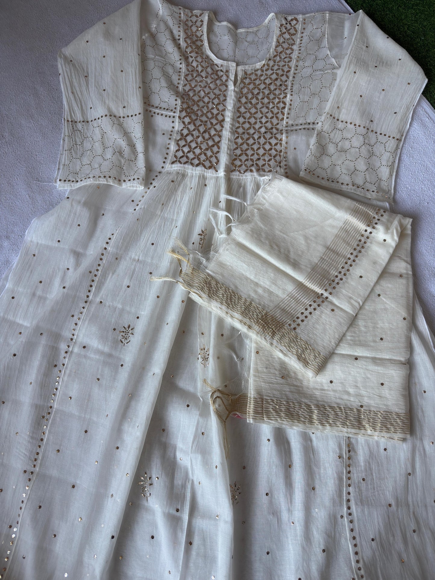 Ivory Pearl – Semi-Stitched Pure Chanderi Gown and Dupatta Set with Traditional Chikankari & Mukaish Pitta Hand Embroidery