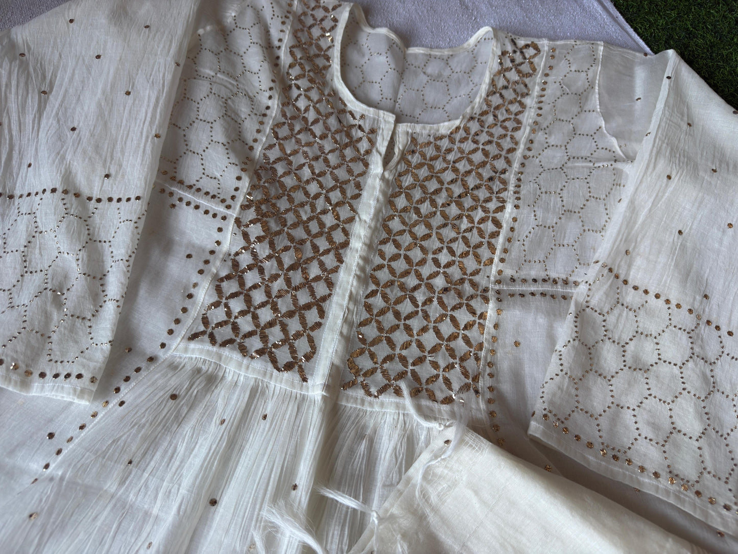 Ivory Pearl – Semi-Stitched Pure Chanderi Gown and Dupatta Set with Traditional Chikankari & Mukaish Pitta Hand Embroidery