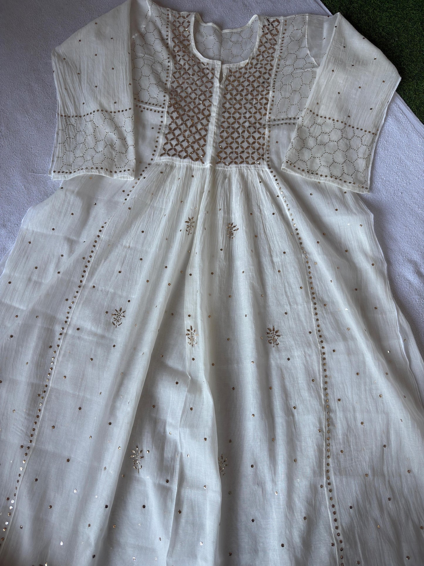 Ivory Pearl – Semi-Stitched Pure Chanderi Gown and Dupatta Set with Traditional Chikankari & Mukaish Pitta Hand Embroidery