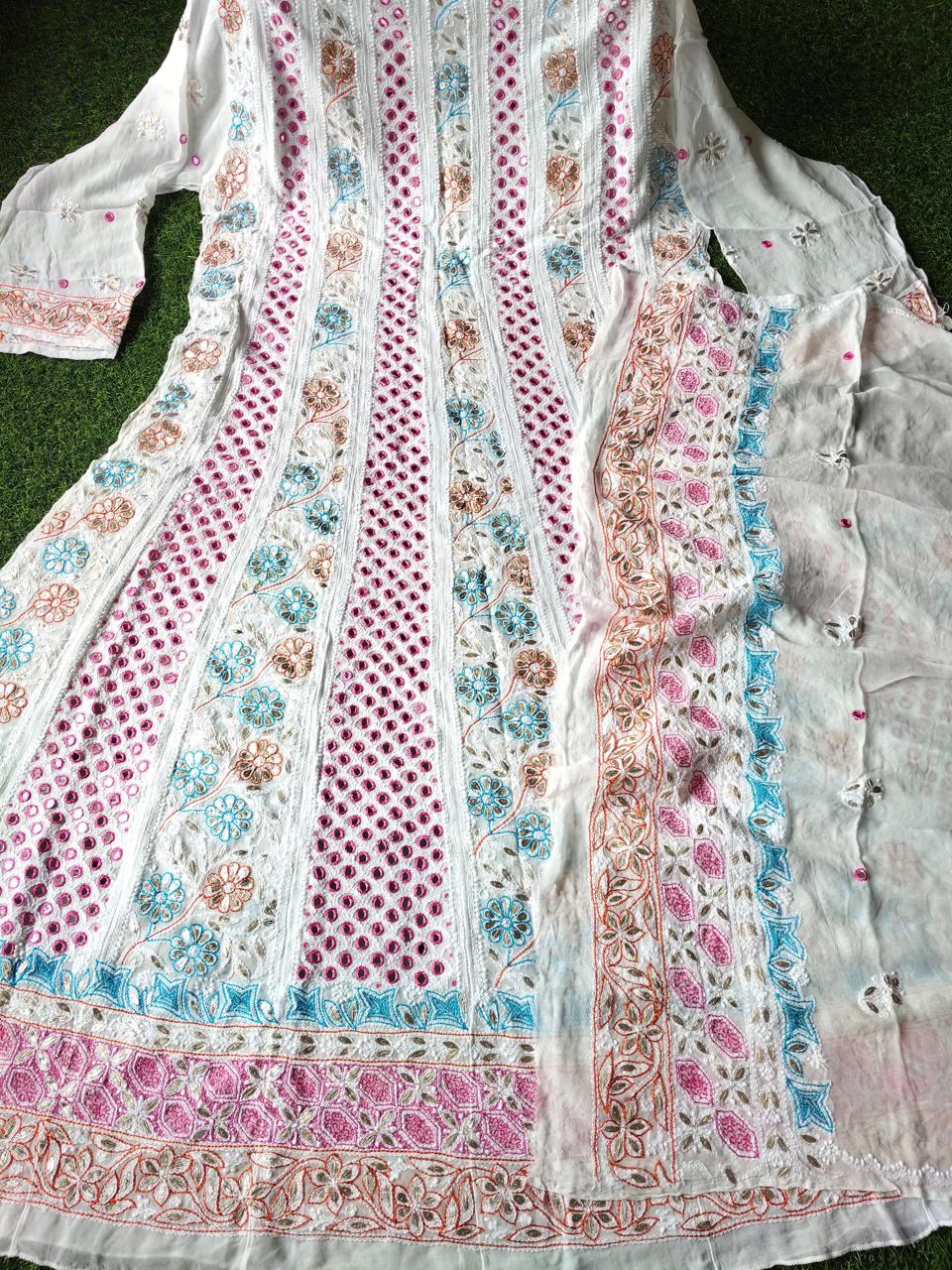 Luxury Viscose Georgette Anarkali Set with Hand Embroidered Chikankari, Multicolor Resham, Real Mirror, Baby Pearl & Kasab Detailing
