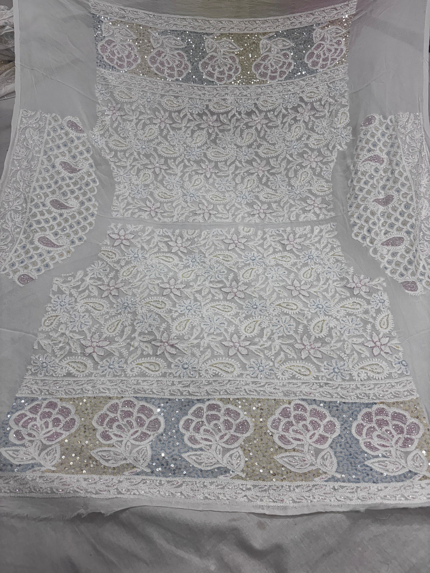 Heritage Lehenga in Viscose Georgette – Embroidered with Lucknowi Chikankari, Rose Motifs & Jewel-Toned Cutdana