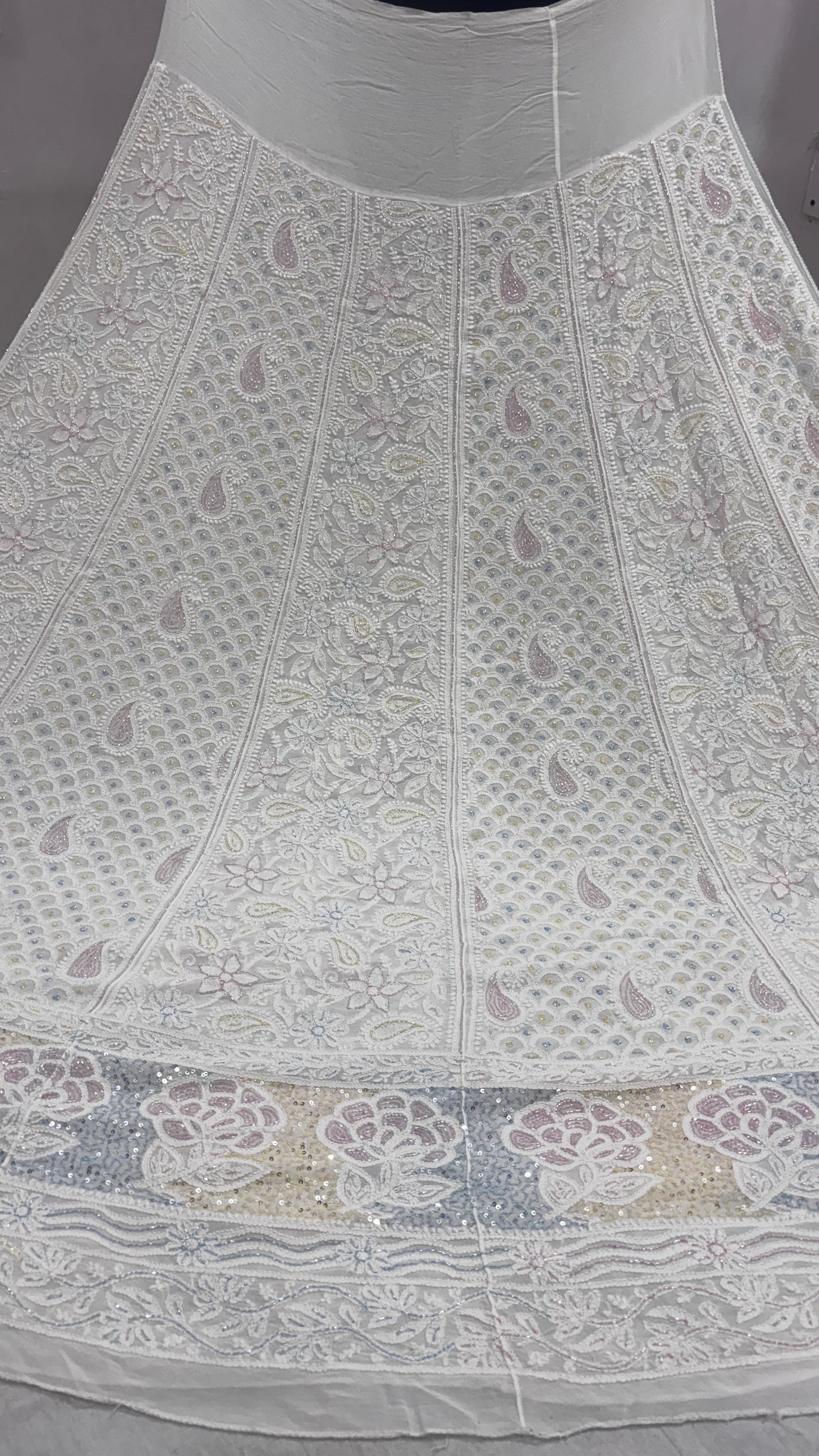 Heritage Lehenga in Viscose Georgette – Embroidered with Lucknowi Chikankari, Rose Motifs & Jewel-Toned Cutdana