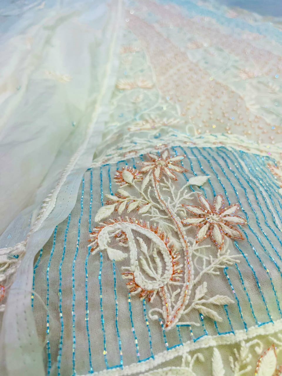 Ombre Aurora – Semi-Stitched Organza Anarkali in Aqua Peach Tint with Pearl and Cutdana Work