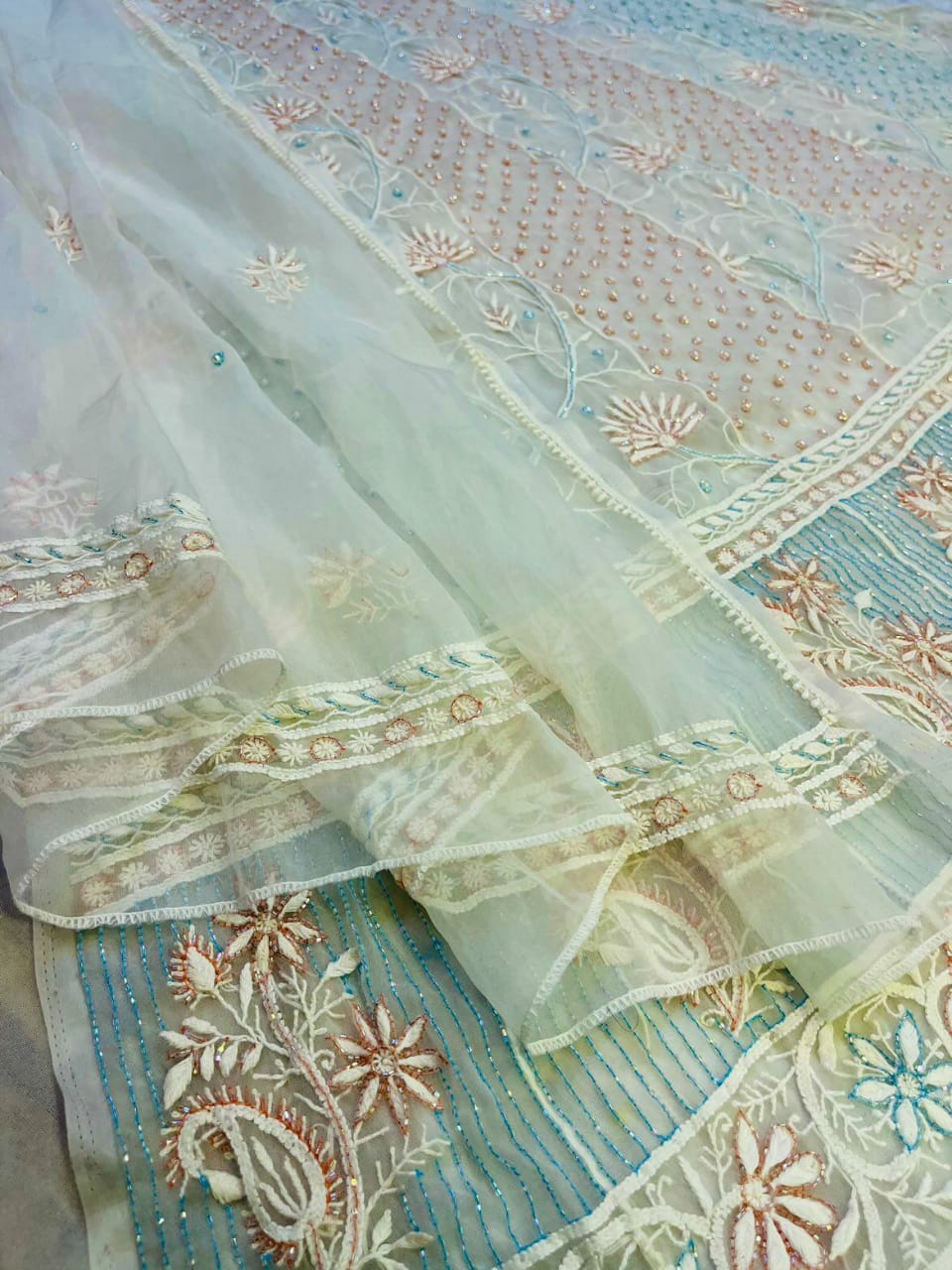 Ombre Aurora – Semi-Stitched Organza Anarkali in Aqua Peach Tint with Pearl and Cutdana Work
