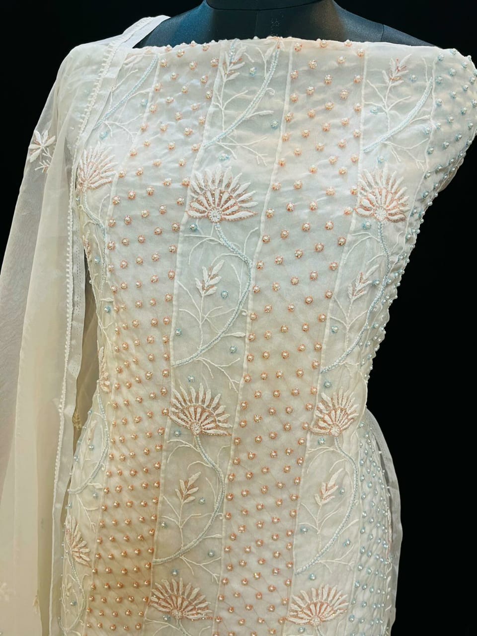 Ombre Aurora – Semi-Stitched Organza Anarkali in Aqua Peach Tint with Pearl and Cutdana Work
