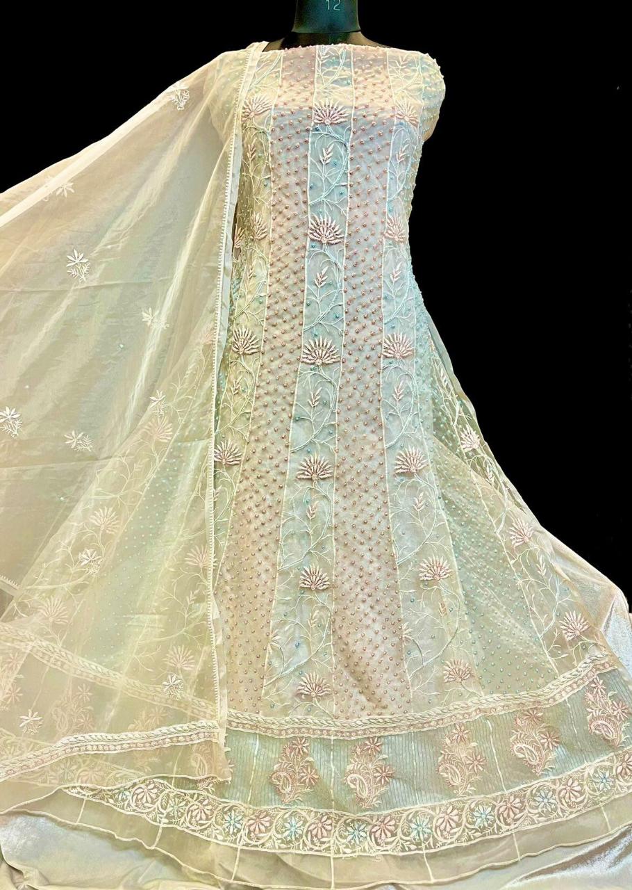 Ombre Aurora – Semi-Stitched Organza Anarkali in Aqua Peach Tint with Pearl and Cutdana Work