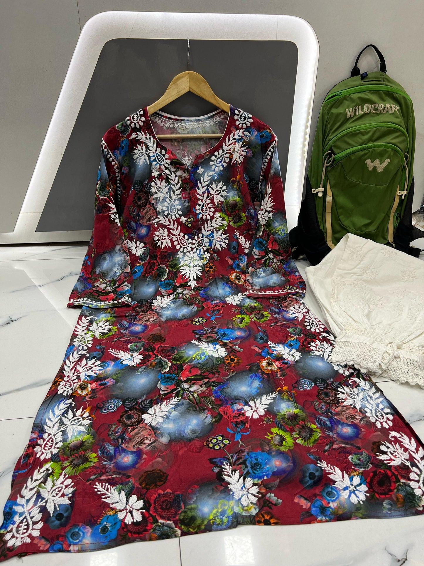 Crimson Solstice – Deep Wine Printed Modal Kurta with Blue Haze Florals & Whispering White Embroidery