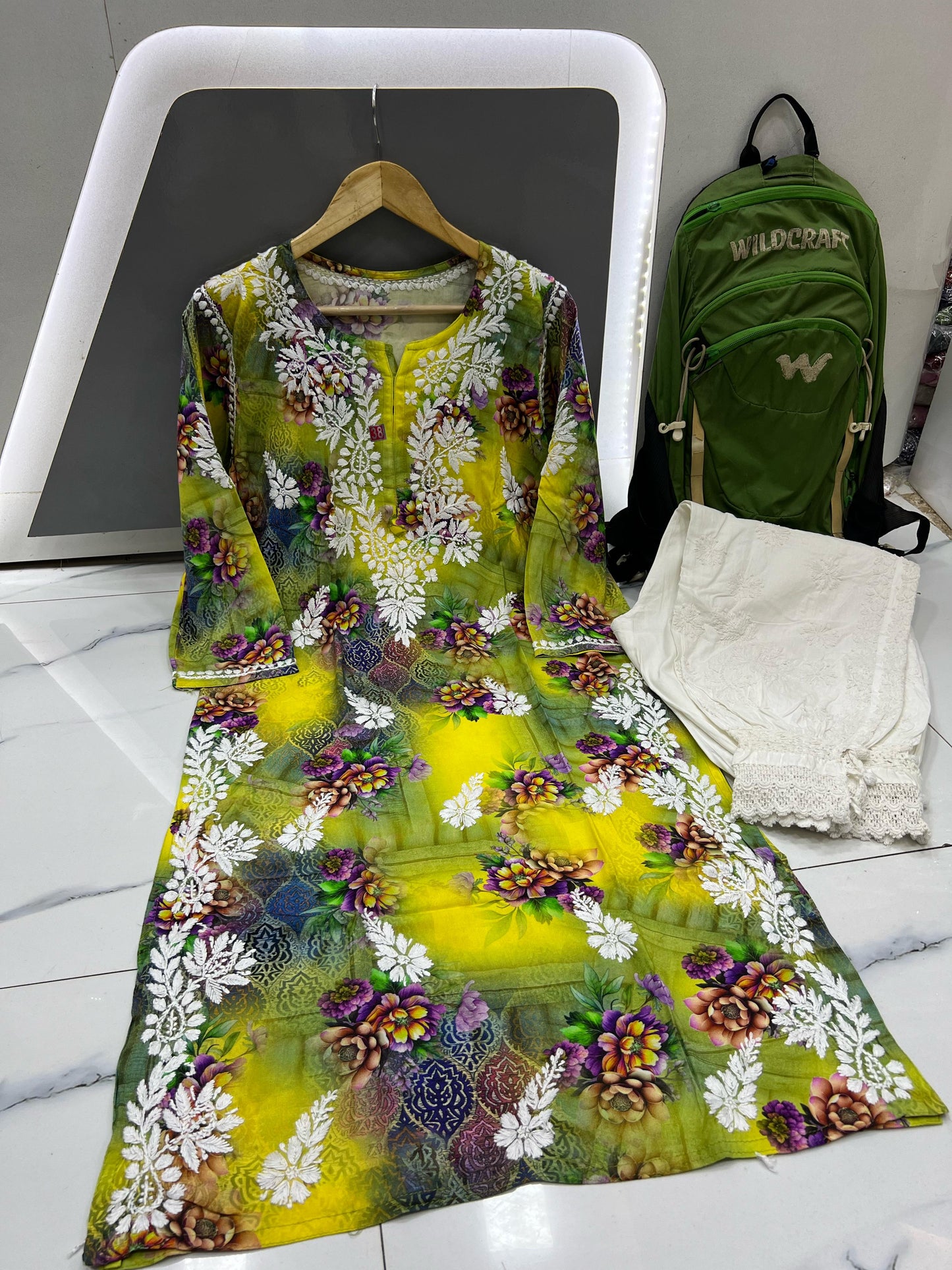 Golden Marigold – Radiant Yellow Modal Kurta with Blooming Florals in Purple & Green and Delicate Chikankari Work