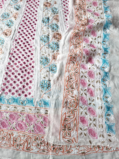 Luxury Viscose Georgette Anarkali Set with Hand Embroidered Chikankari, Multicolor Resham, Real Mirror, Baby Pearl & Kasab Detailing