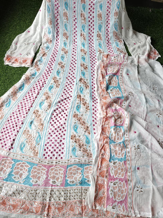 Luxury Viscose Georgette Anarkali Set with Hand Embroidered Chikankari, Multicolor Resham, Real Mirror, Baby Pearl & Kasab Detailing
