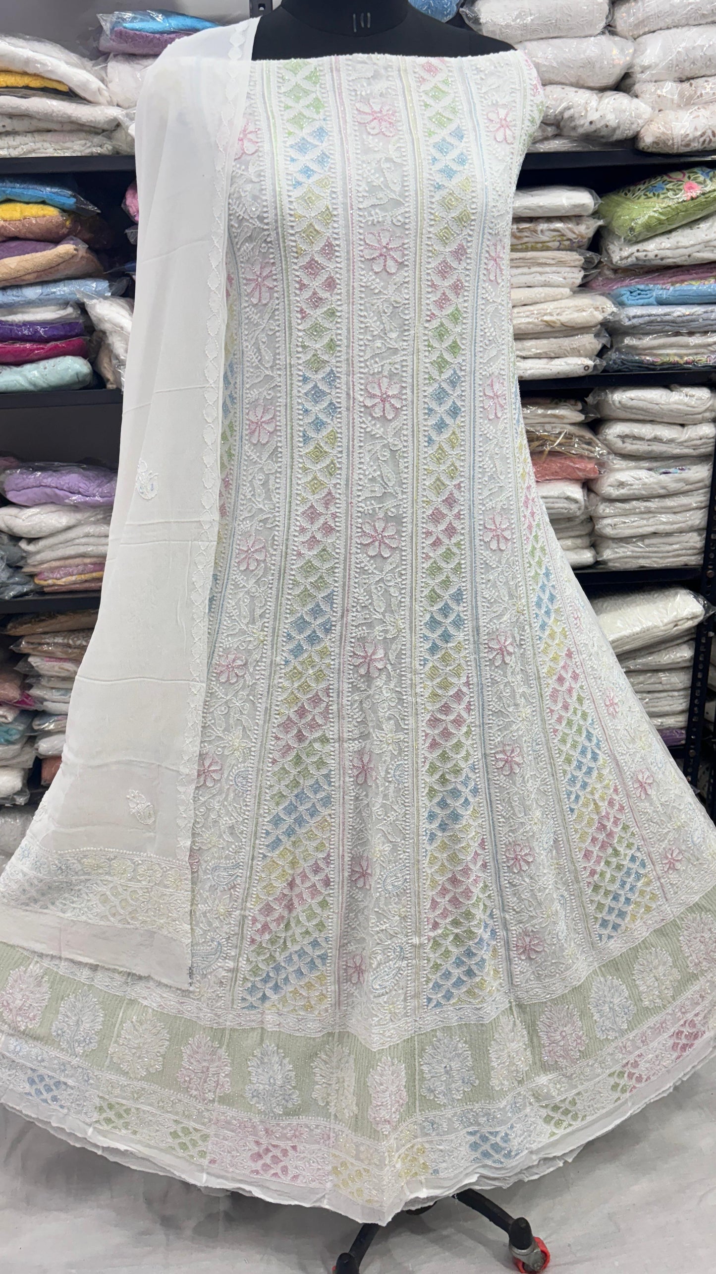 Designer Multicolor Cutdana Anarkali with Traditional Chikankari Motifs