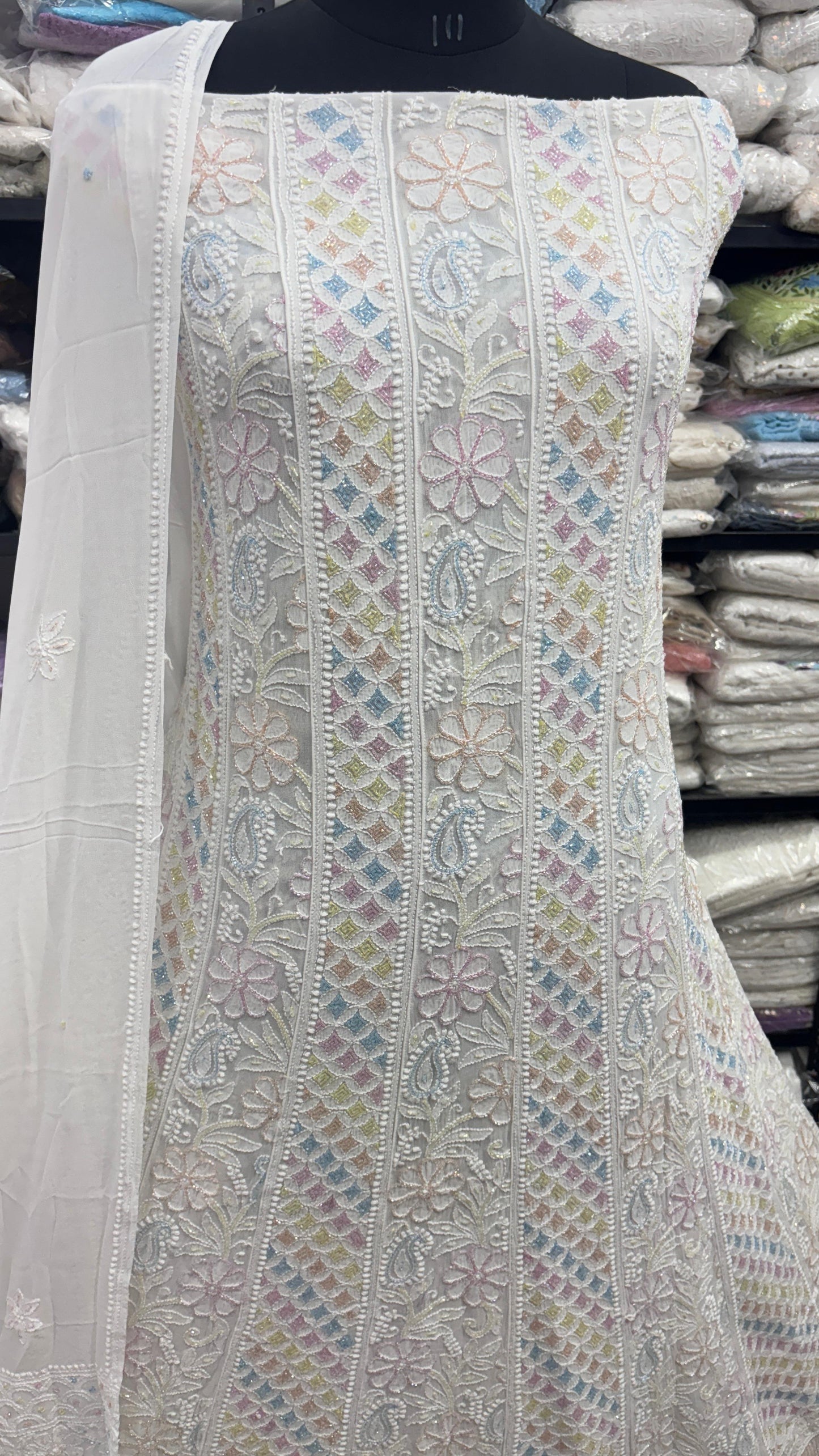 Designer Multicolor Cutdana Anarkali with Traditional Chikankari Motifs