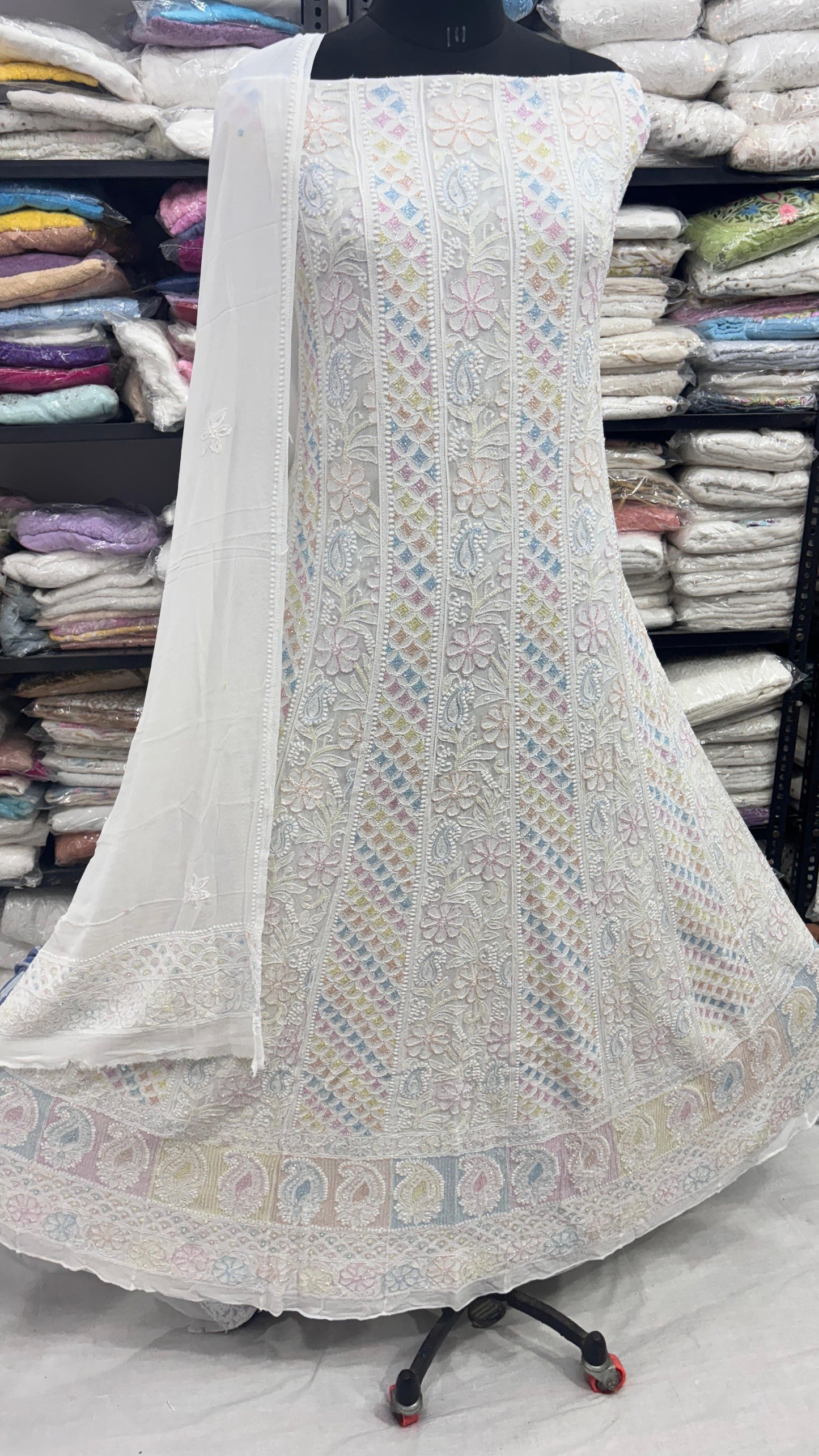 Designer Multicolor Cutdana Anarkali with Traditional Chikankari Motifs