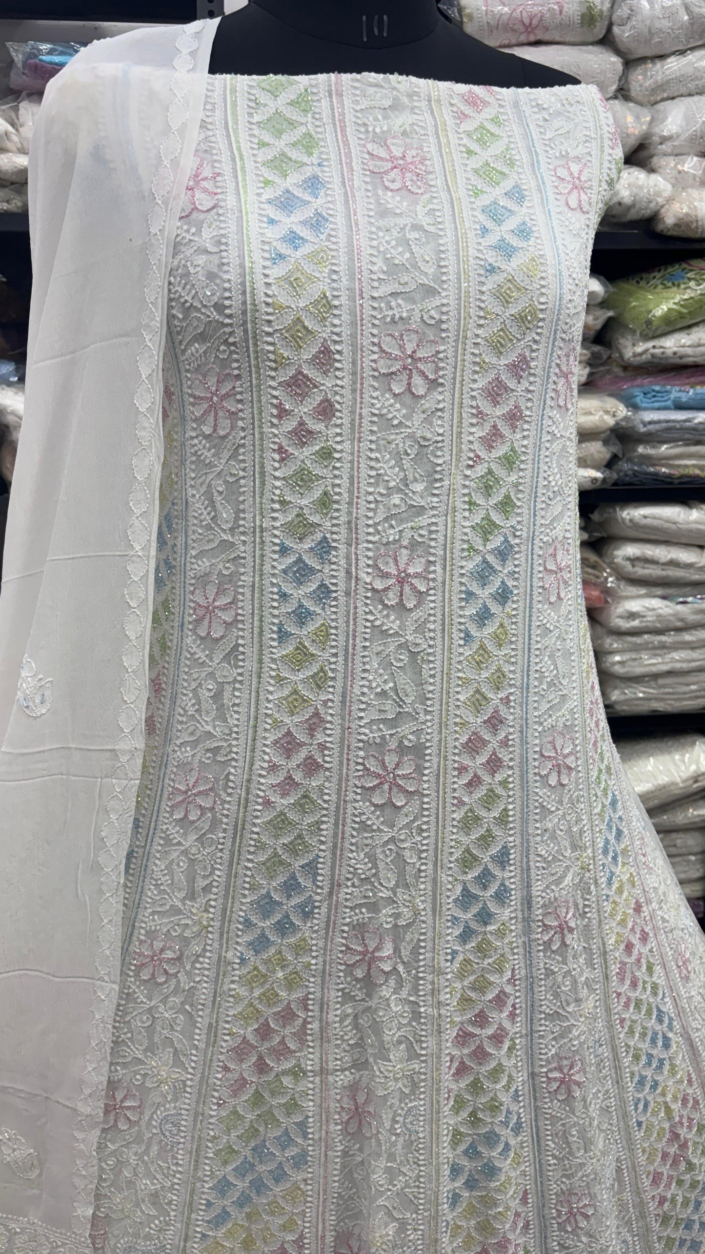 Designer Multicolor Cutdana Anarkali with Traditional Chikankari Motifs