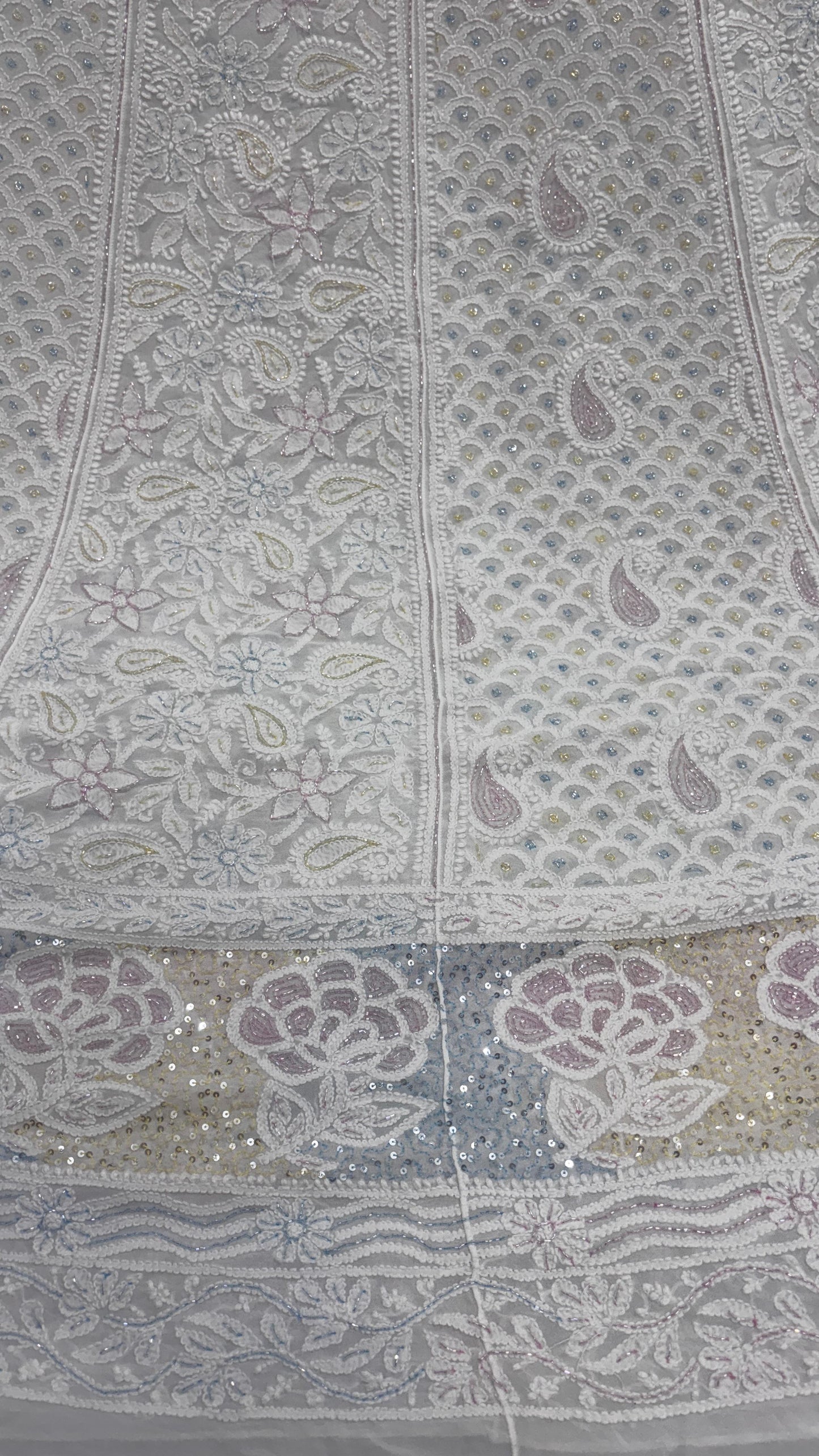 Heritage Lehenga in Viscose Georgette – Embroidered with Lucknowi Chikankari, Rose Motifs & Jewel-Toned Cutdana