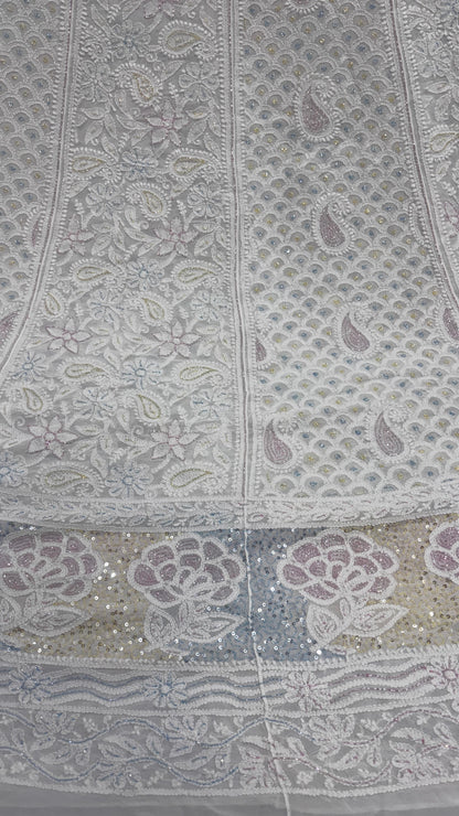 Heritage Lehenga in Viscose Georgette – Embroidered with Lucknowi Chikankari, Rose Motifs & Jewel-Toned Cutdana
