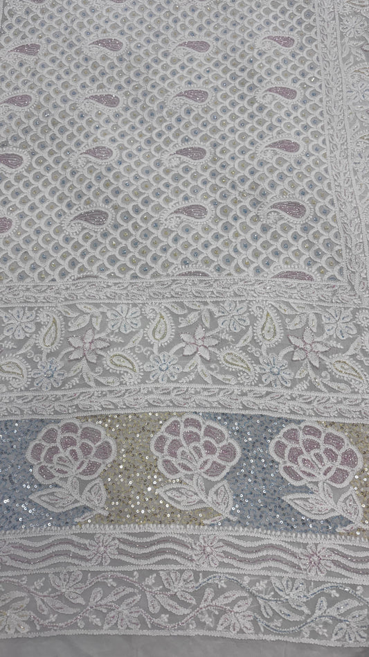 Heritage Lehenga in Viscose Georgette – Embroidered with Lucknowi Chikankari, Rose Motifs & Jewel-Toned Cutdana