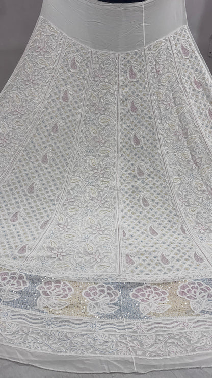 Heritage Lehenga in Viscose Georgette – Embroidered with Lucknowi Chikankari, Rose Motifs & Jewel-Toned Cutdana
