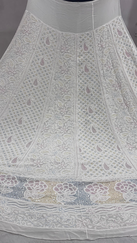 Heritage Lehenga in Viscose Georgette – Embroidered with Lucknowi Chikankari, Rose Motifs & Jewel-Toned Cutdana