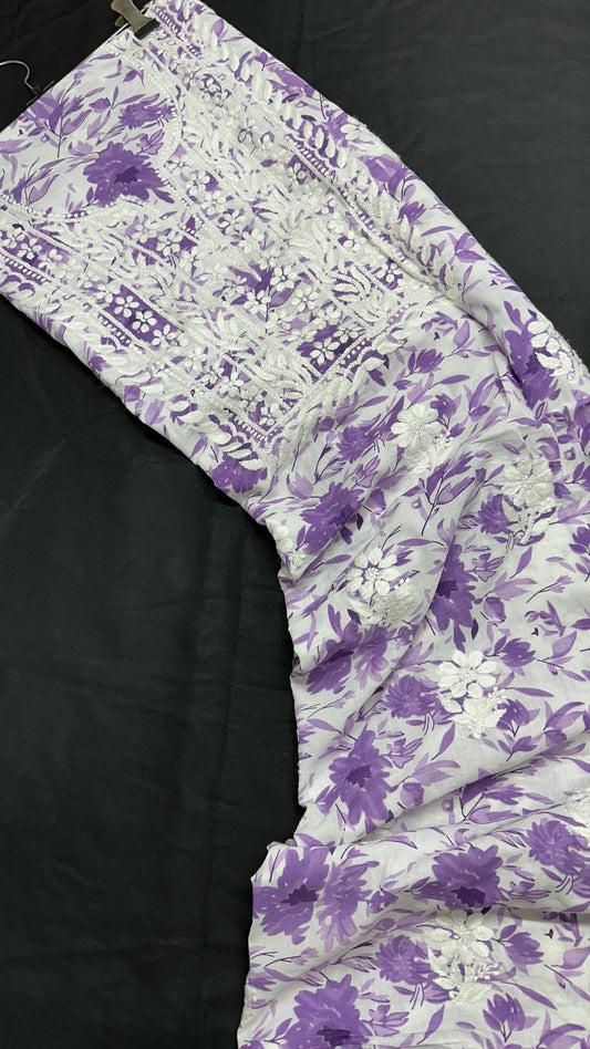 Lavender Bloom – Handcrafted Chikankari on Printed Mulmul Cotton