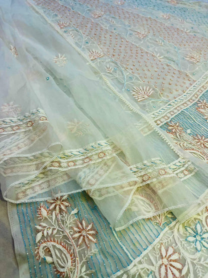Ombre Aurora – Semi-Stitched Organza Anarkali in Aqua Peach Tint with Pearl and Cutdana Work