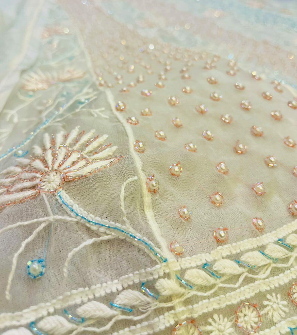Ombre Aurora – Semi-Stitched Organza Anarkali in Aqua Peach Tint with Pearl and Cutdana Work
