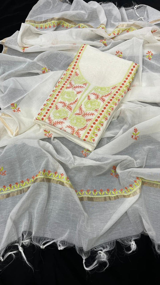 Snowbloom Mul Chanderi Ensemble with Green Rose Neck Embroidery and Red Leaf Accents