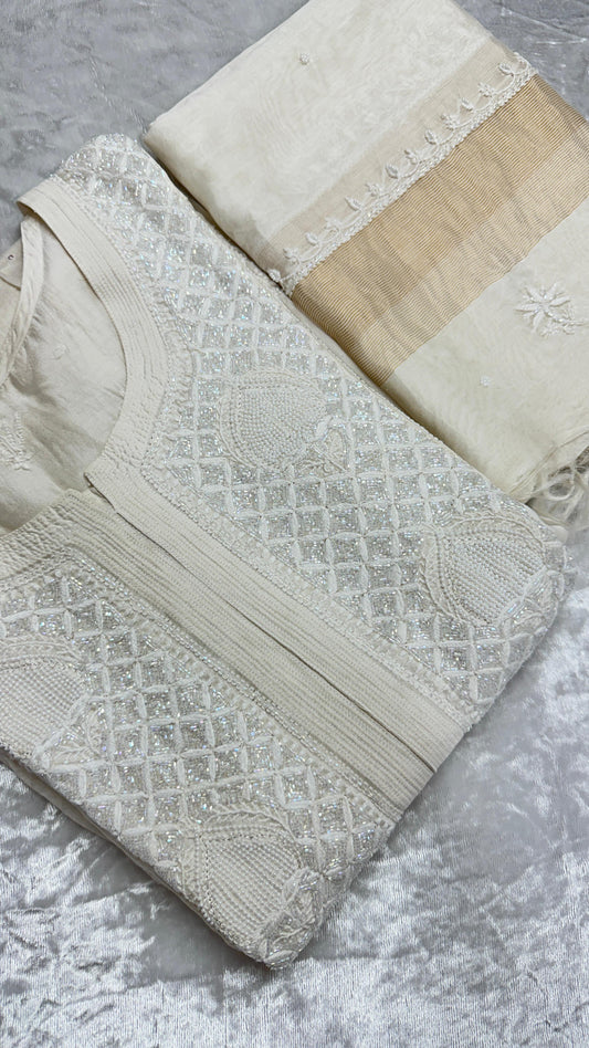 Ethereal White – Chanderi Silk Gown with Cutdana, Teeki & Pearl Accents