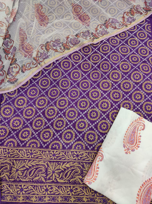 Pure Cotton Royal Purple Suit Set with Vibrant Mustard Embroidery and Contrasting Printed Kota Dupatta