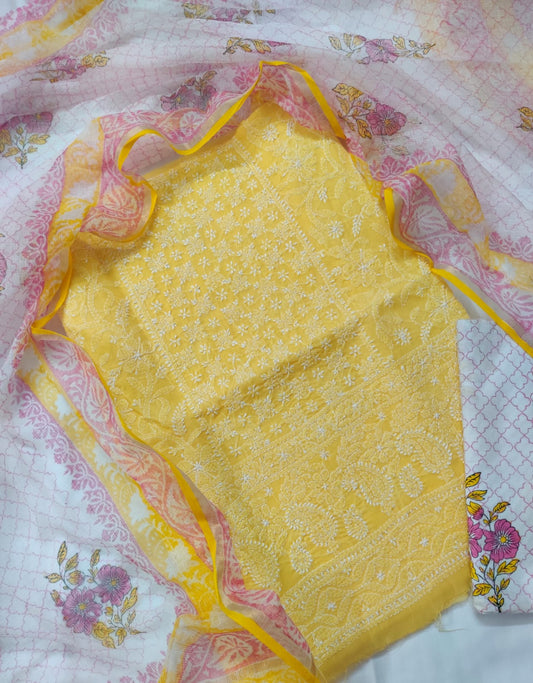 Yellow Blossom: Unstitched Pure Cotton Set with White Chikankari and Printed Kota Dupatta