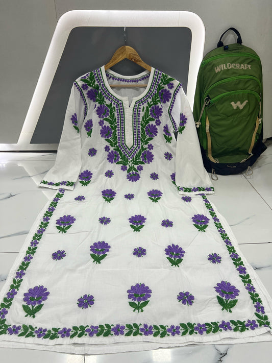 Pearl Canvas – White Kurti with Soothing Lavender & Moss Green Chikankari Thread Work