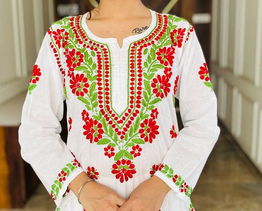 Pearl Canvas – White Kurti with Vibrant Red & Olive Chikankari Thread Work