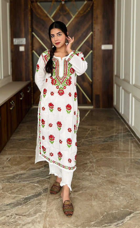 Pearl Canvas – White Kurti with Vibrant Red & Olive Chikankari Thread Work
