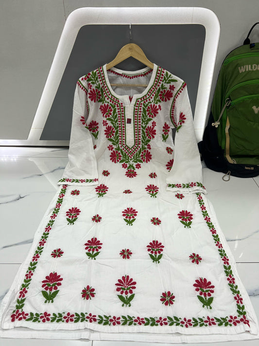 Pearl Canvas – White Kurti with Rich Maroon & Green Chikankari Thread Work
