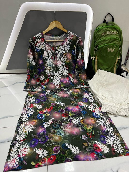 Evergreen Dusk – Deep Forest Printed Kurta with Whispering White Embroidery