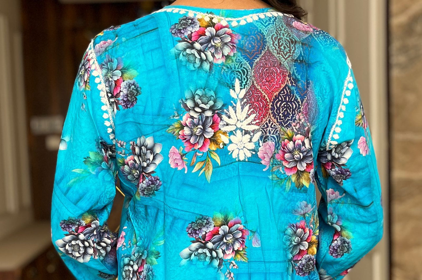 Celeste Charm – Aqua Blue Printed Kurta with Whispering White Embroidery