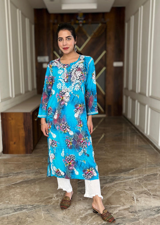 Celeste Charm – Aqua Blue Printed Kurta with Whispering White Embroidery