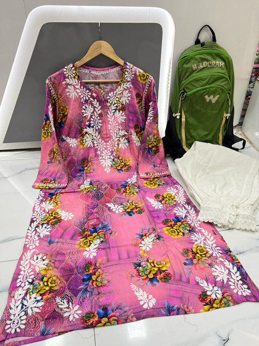 Floral Sonata – Pink Dreamscape Kurta in Modal with White Embroidery & Vibrant Blooms