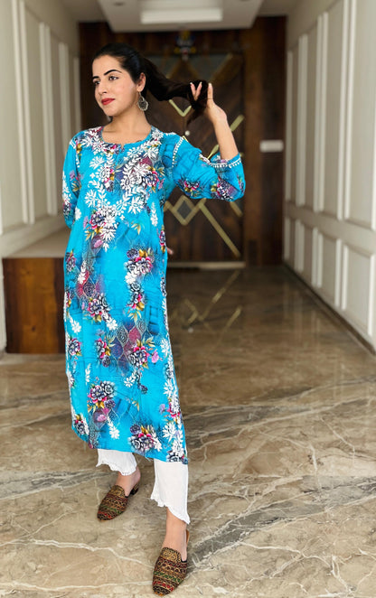 Celeste Charm – Aqua Blue Printed Kurta with Whispering White Embroidery