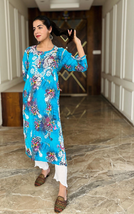 Celeste Charm – Aqua Blue Printed Kurta with Whispering White Embroidery