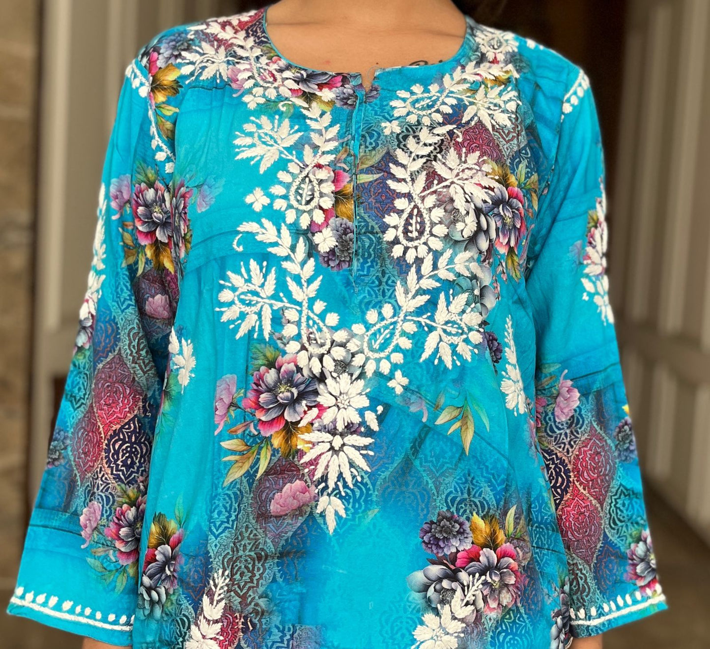 Celeste Charm – Aqua Blue Printed Kurta with Whispering White Embroidery