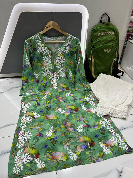Sage Haven – Muted Sage Green Printed Kurta with Bold Yellow, Red & Purple Florals and Delicate White Threadwork
