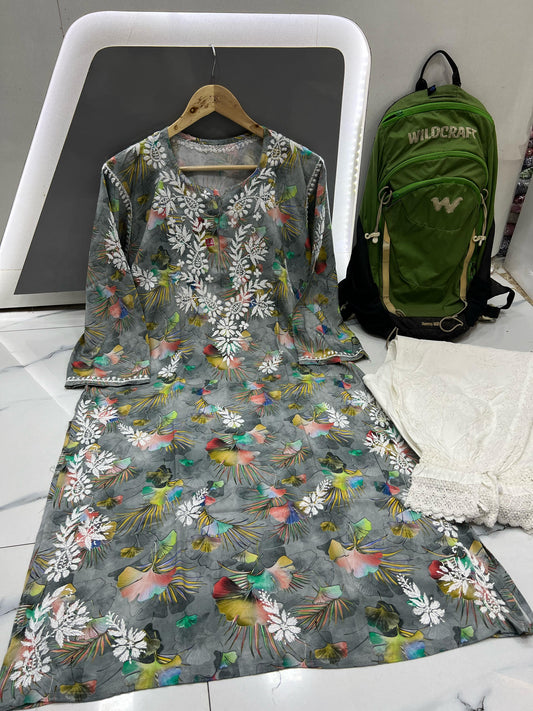 Sage Smoke – Smoky Green Printed Modal Kurta with Yellow, White & Multitone Florals and Elegant Chikankari Embroidery