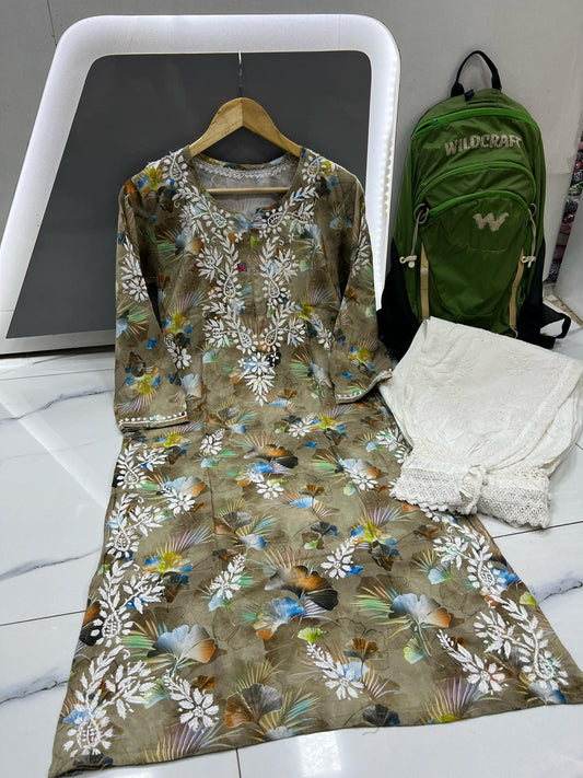 Olive Dusk – Warm Olive Printed Modal Kurta with Vibrant Floral Hues and Delicate White Chikankari