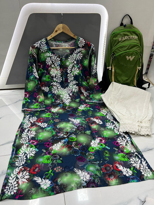 Floral Mirage – Dark Teal Modal Kurta with Neon Green & Fuchsia Accents