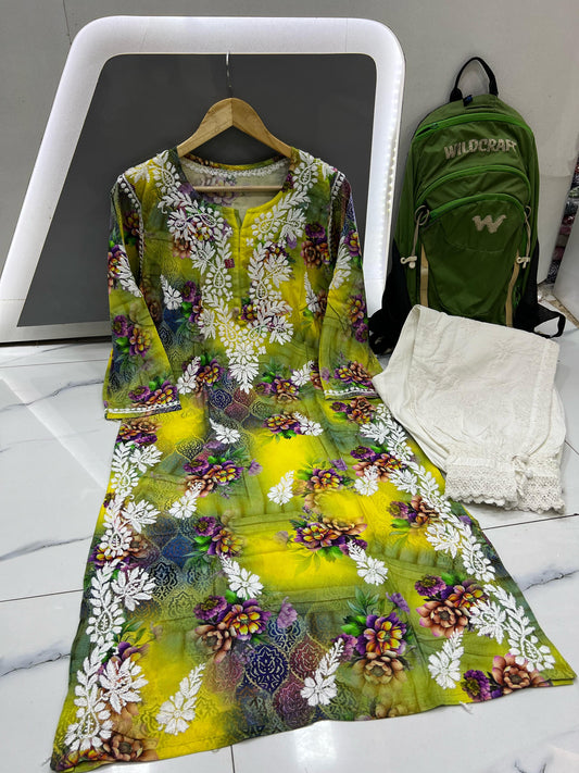 Golden Marigold – Radiant Yellow Modal Kurta with Blooming Florals in Purple & Green and Delicate Chikankari Work