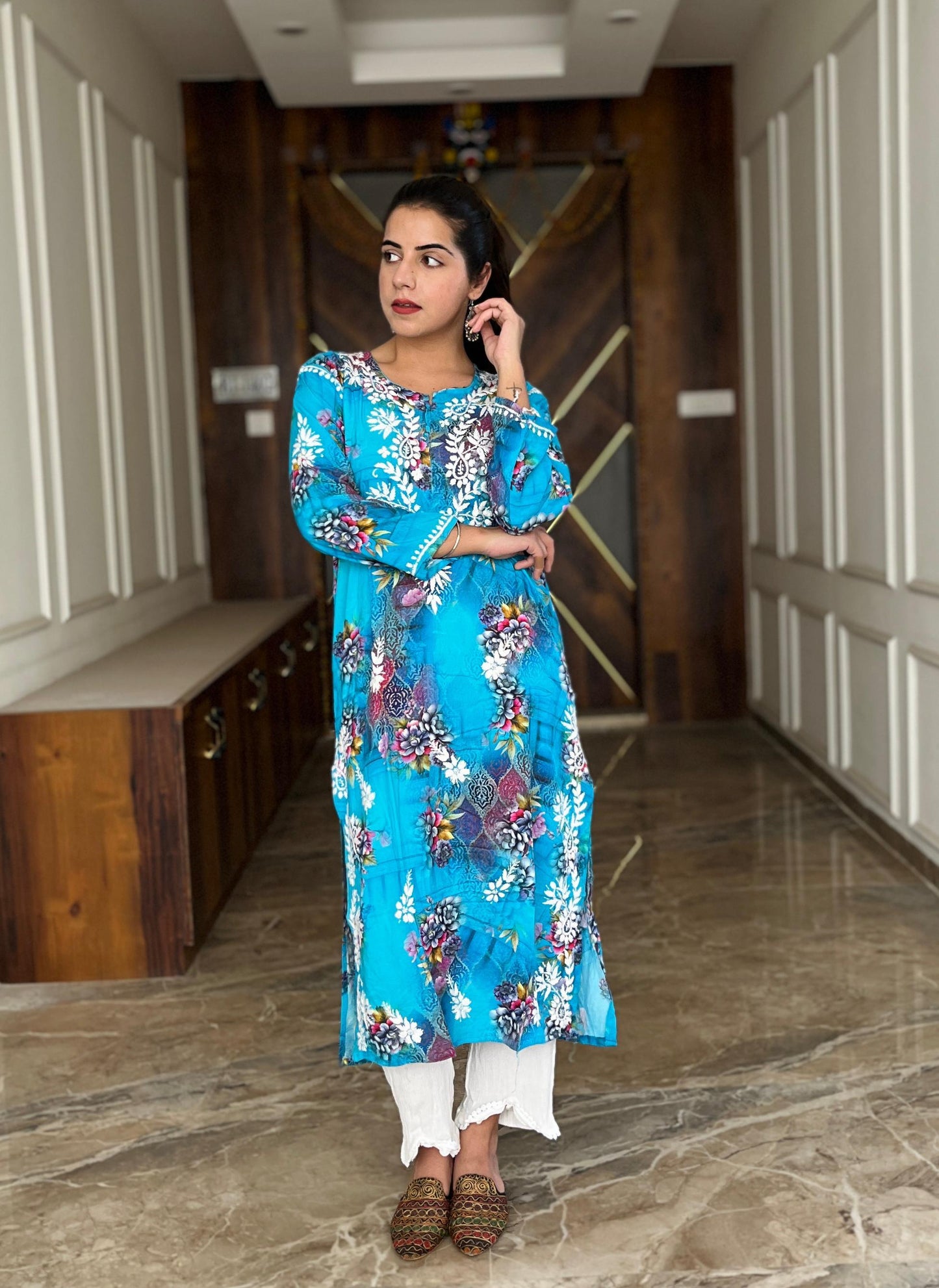 Celeste Charm – Aqua Blue Printed Kurta with Whispering White Embroidery