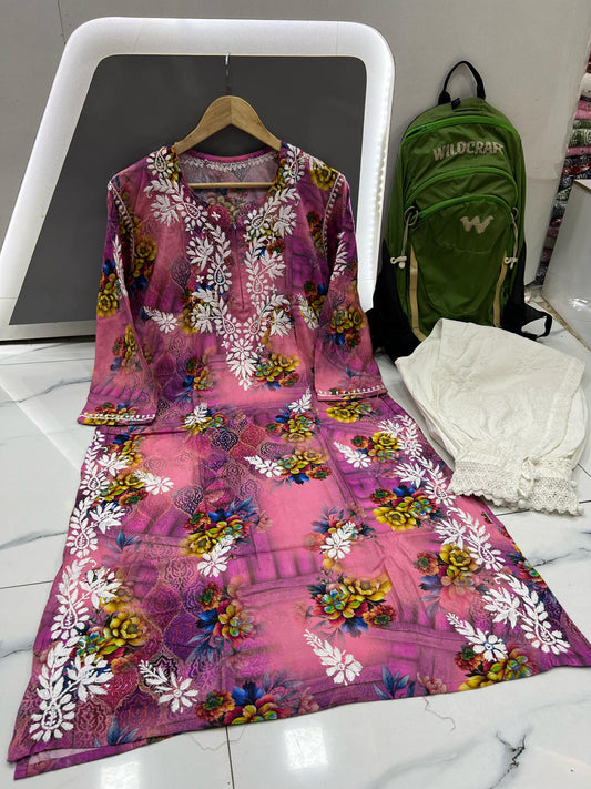 Blush Reverie – Faint Pink Printed Modal Kurta with Blue, Yellow & White Florals and Elegant White Chikankari Embroidery